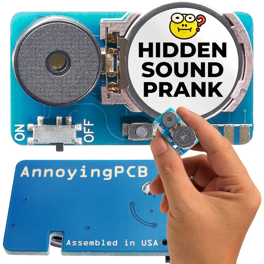AnnoyingPCB prank device hidden in a drawer for subtle chaos.