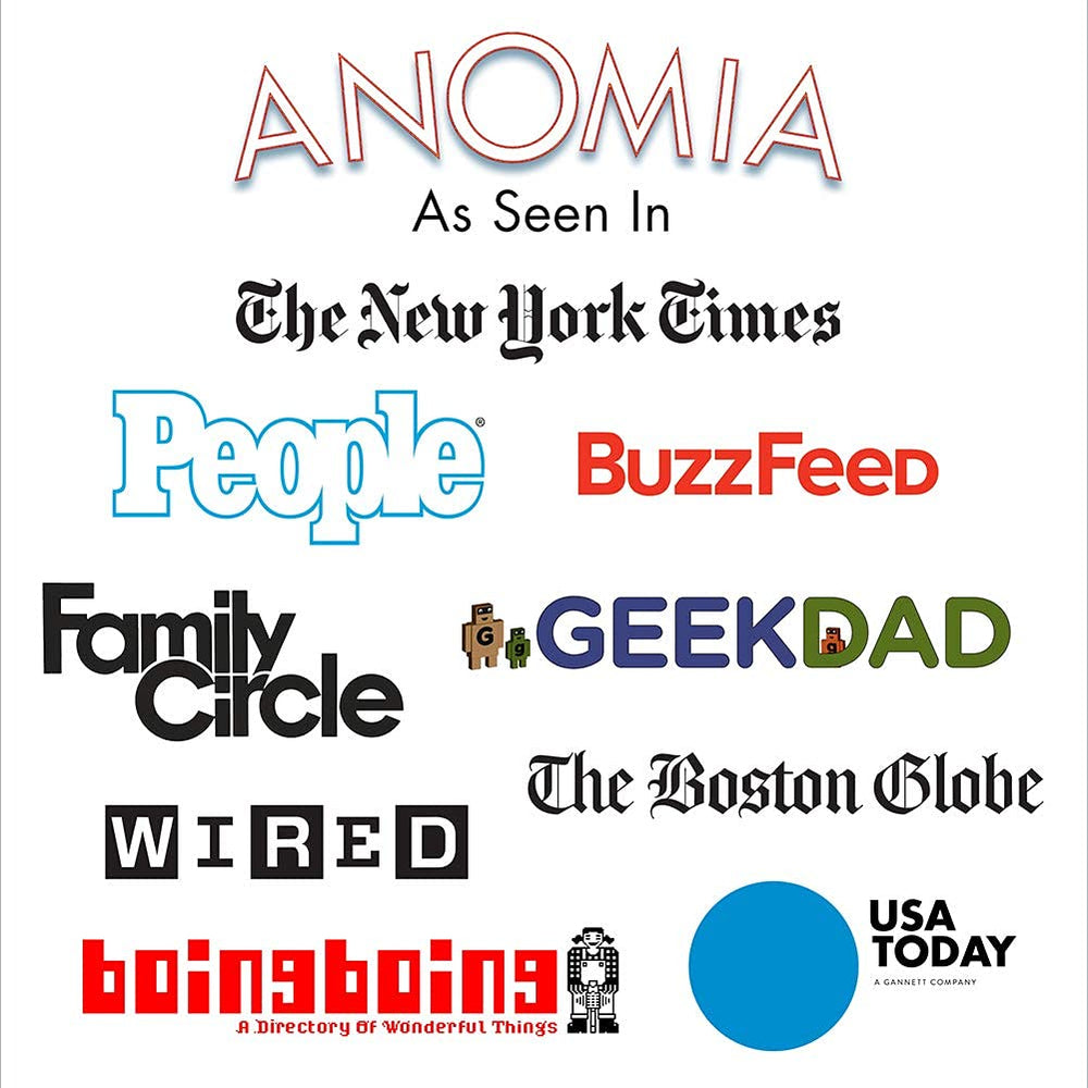 Anomia card game decks spread with 92 category cards inviting endless word associations.