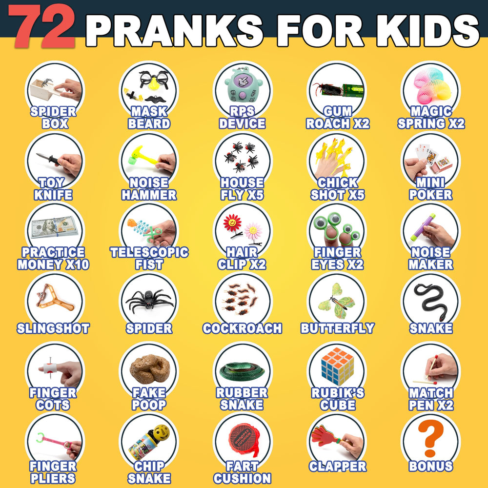 Anyflee 72-piece prank set with realistic money and insects for convincing pranks.