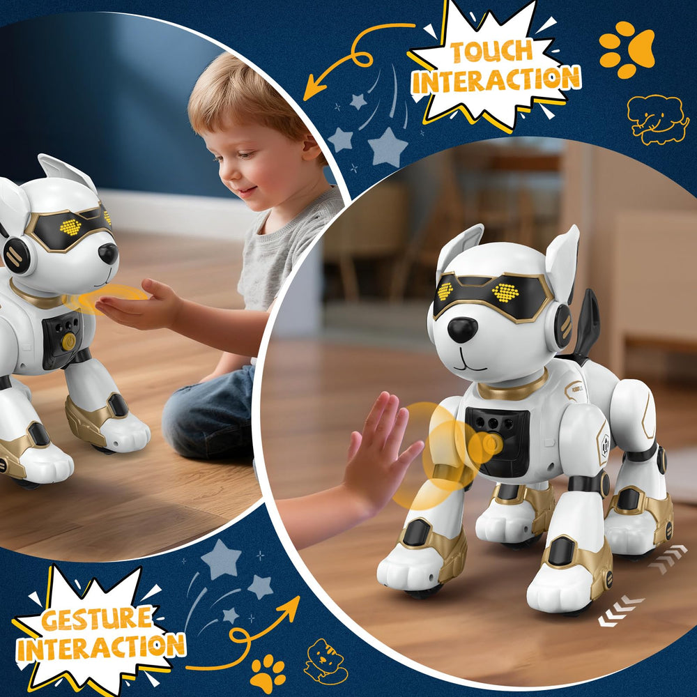 AnySun robot dog LED eyes display during interactive play and storytelling.