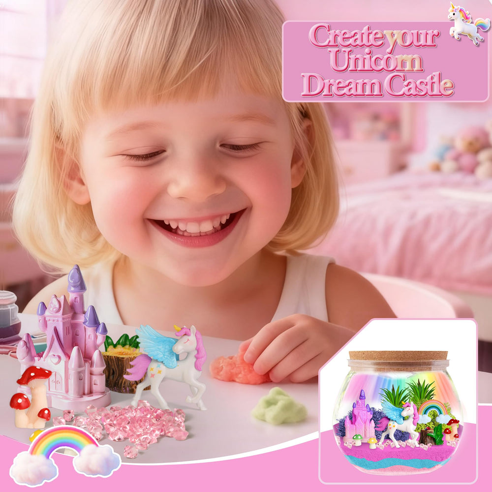 AOFEGRLT glass terrarium display showcasing a dreamy unicorn scene