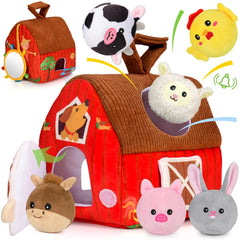 Aojieni Plush Surprise Barn with open doors inviting tactile exploration for infants
