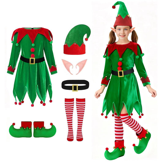 AOLIUP Christmas elf dress in green velvet for girls, cozy and festive for holidays.