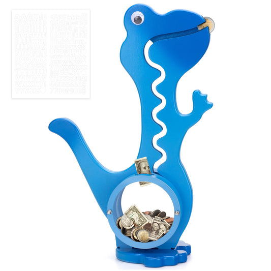 AORCMITN wooden dinosaur piggy bank mouth view encourages coin feeding and savings.
