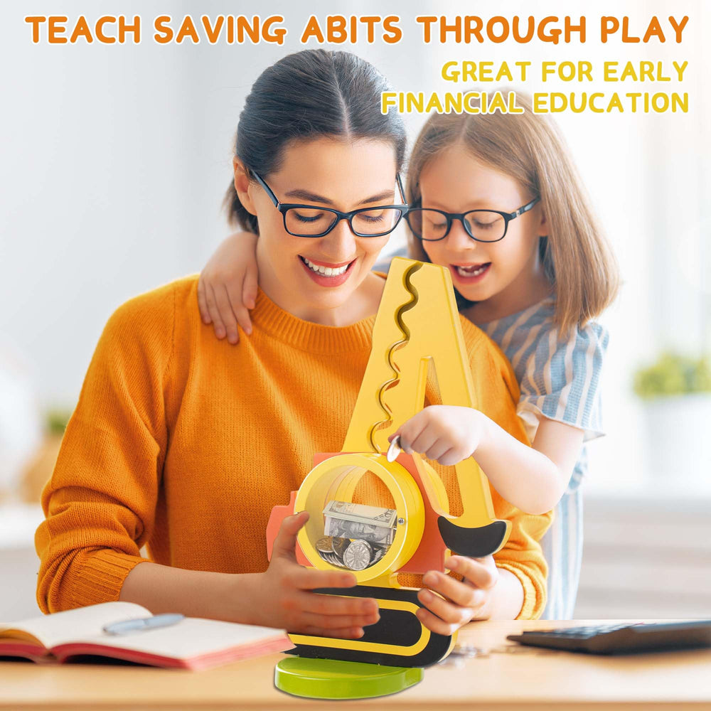 AORCMITN wooden excavator piggy bank with transparent belly for visible savings.