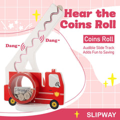 AORCMITN wooden fire truck piggy bank side view shows sturdy wood frame and playful charm