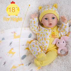 Aori doll in yellow onesie and hat promotes imaginative play.