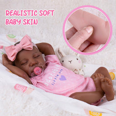 Aori lifelike reborn baby doll black 18-inch rosebud lips enhance realism and cuteness.