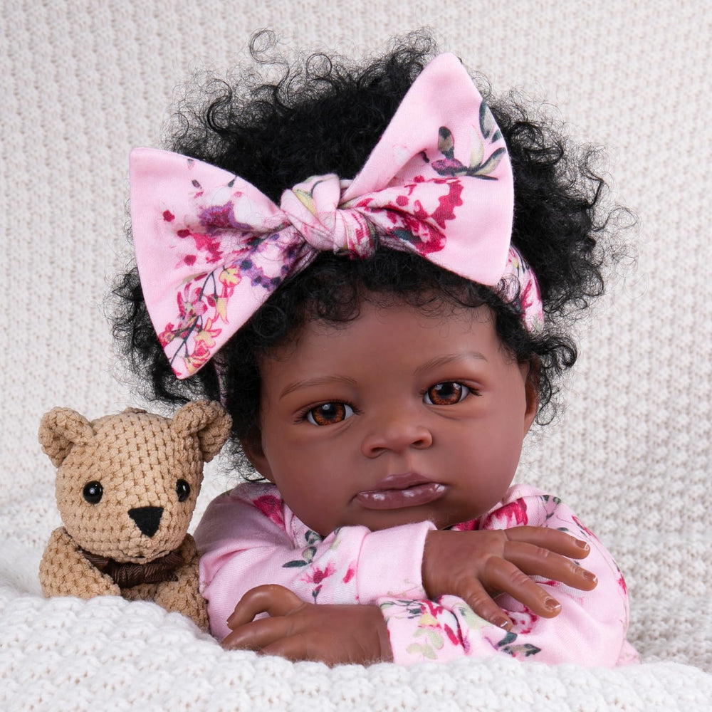 Aori Reborn Baby Doll Black 20-inch face close-up showing delicate eyes and blushing details