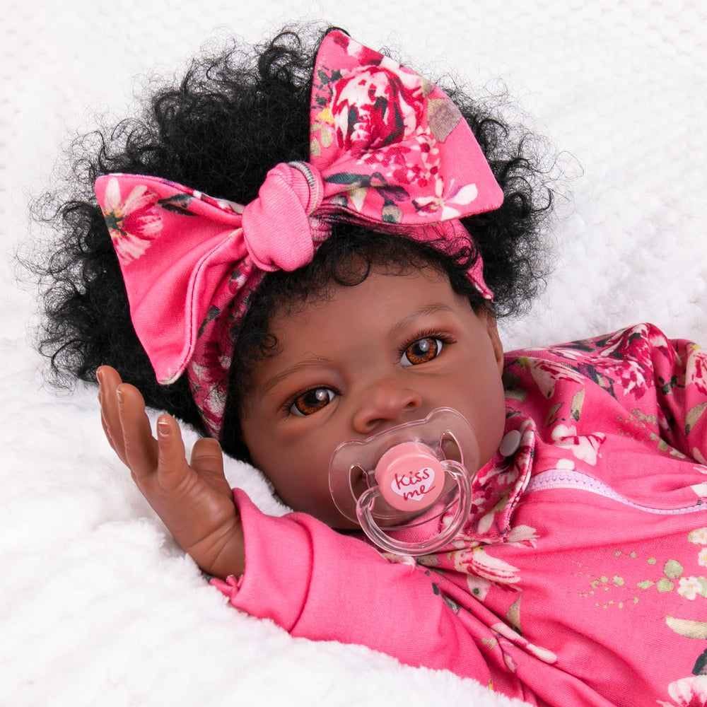 Aori Reborn Baby Doll Black Girl 20-inch face detail adds lifelike charm for imaginative play.