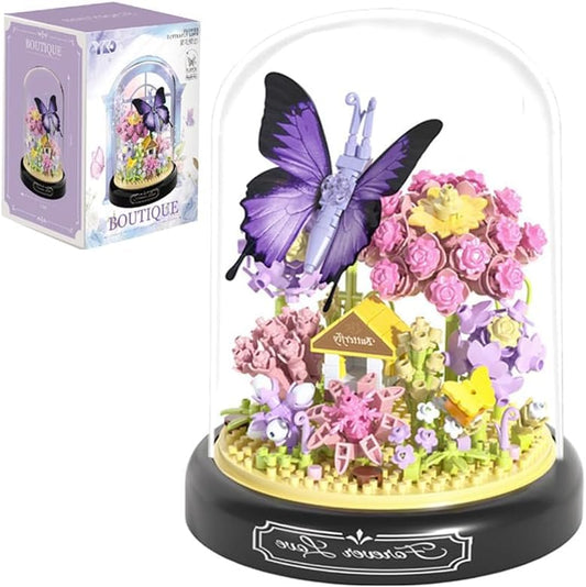 apcute 582-pcs micro brick flower butterfly bouquet with display base for stylish desk decor.