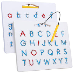Apfity magnetic alphabet tracing board front view showing double-sided letters for early literacy practice