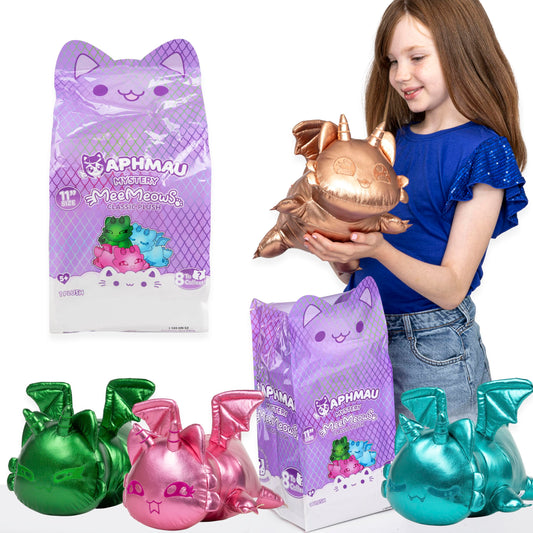 Aphmau MeeMeows Amethyst Dragon plush with shimmering eyes, perfect cuddle buddy.