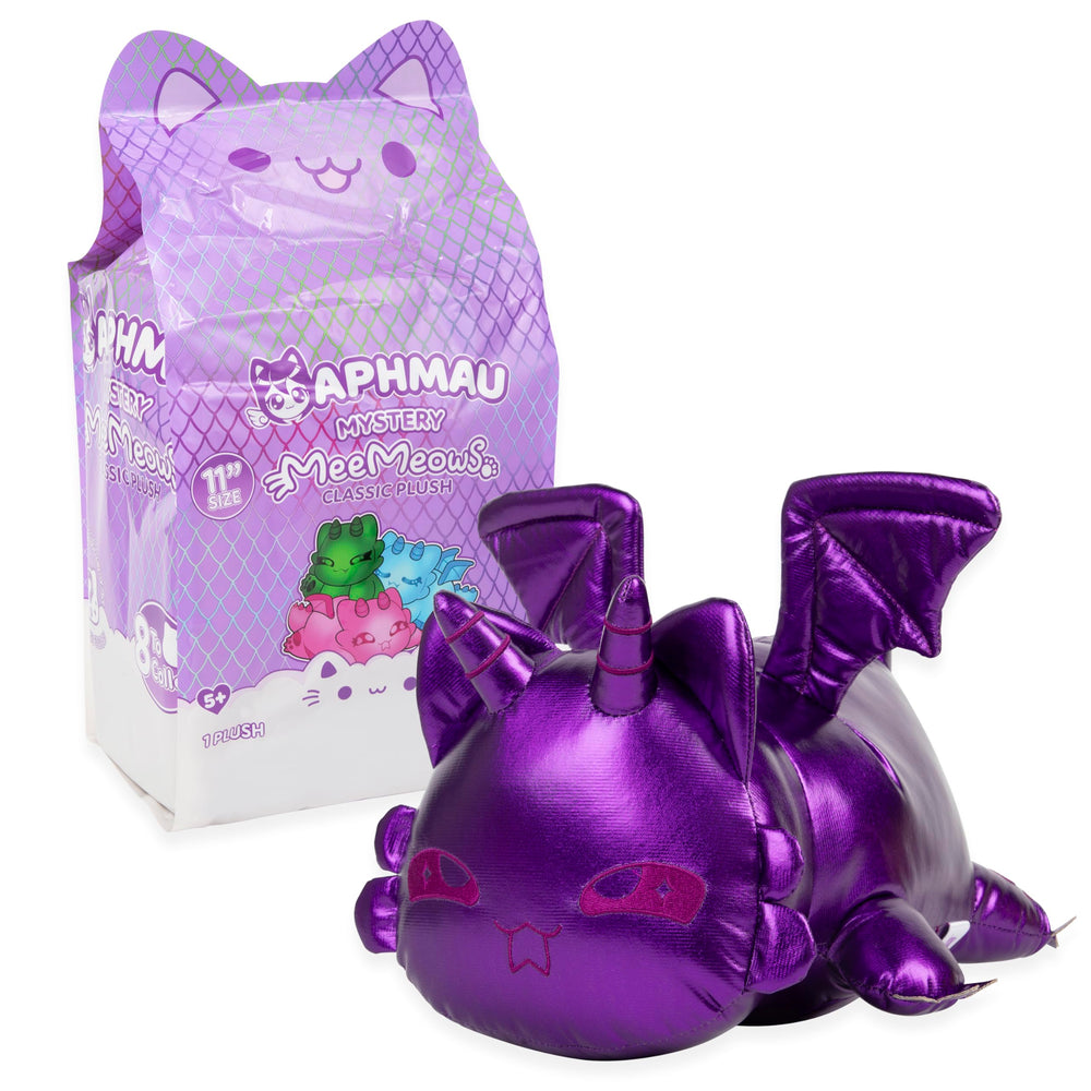 Aphmau MeeMeows Silver Dragon plush with glossy finish, a shiny showpiece.