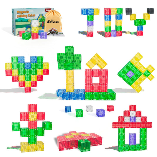 Apluses magnetic building cubes set, transparent blocks, ideal for early STEM exploration.