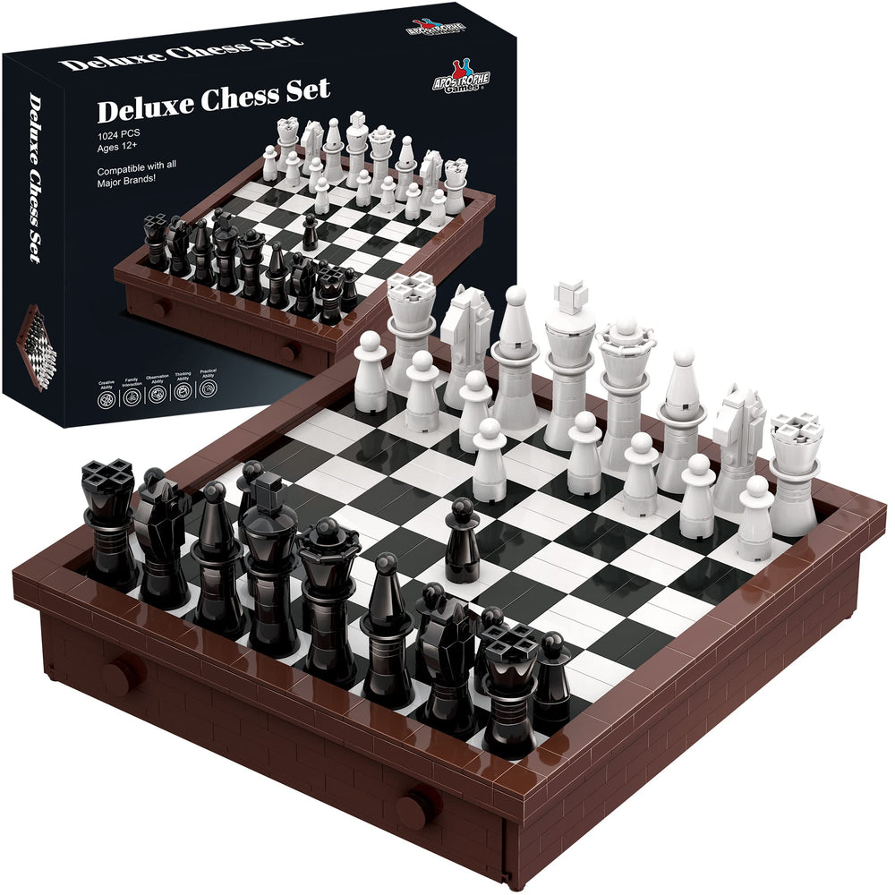 Apostrophe Games Building Block Chess Set assembly view showing the 1,024-piece kit for creative play.