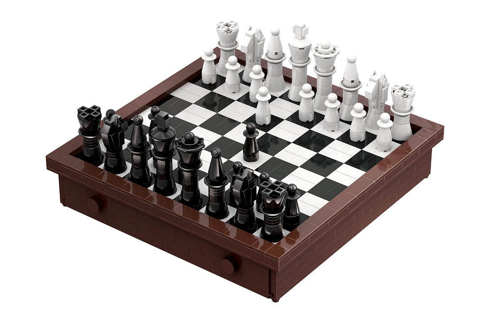 Apostrophe Games Building Block Chess Set built-in storage drawers help keep pieces organized.