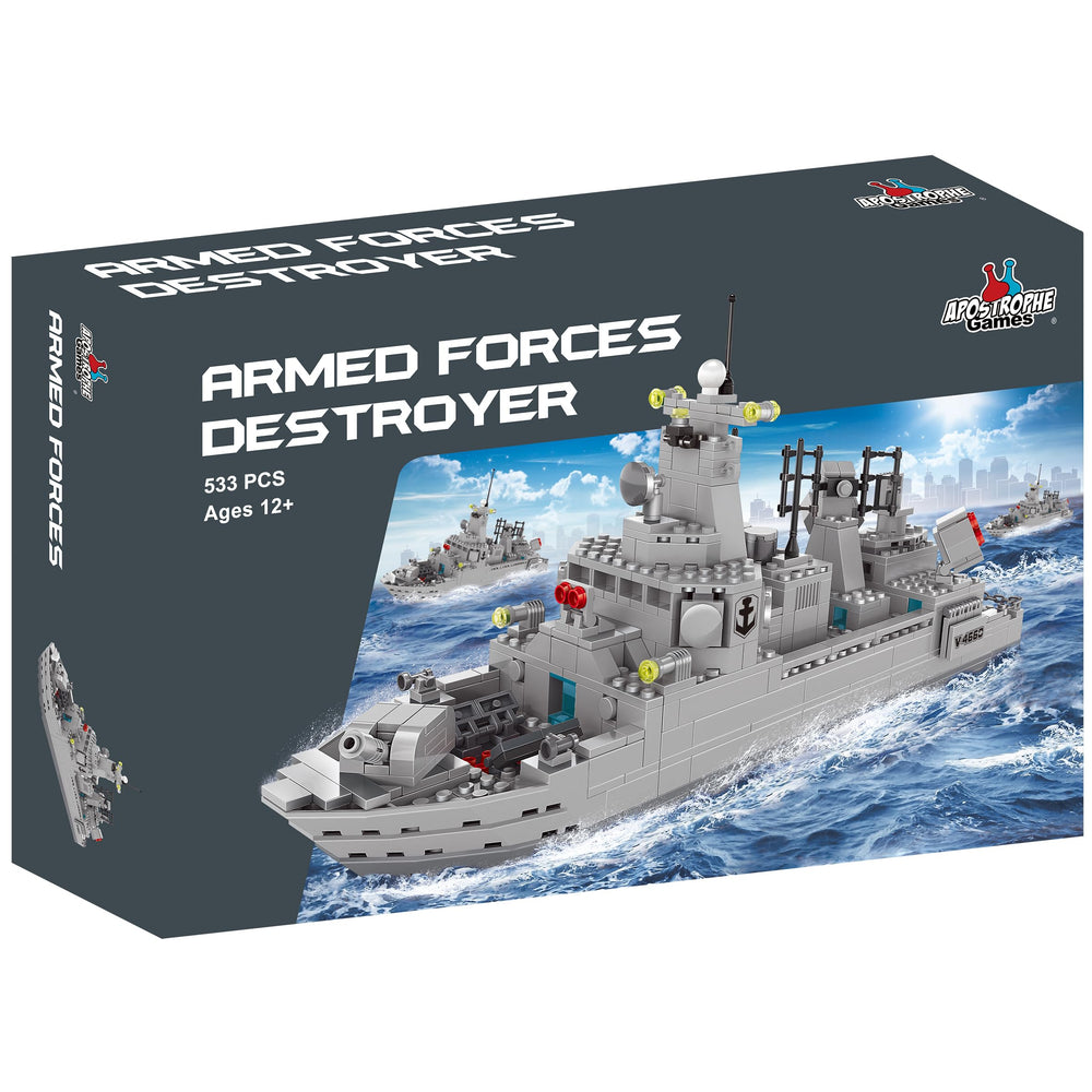 Apostrophe Games Navy Destroyer front view shows scale for display and play
