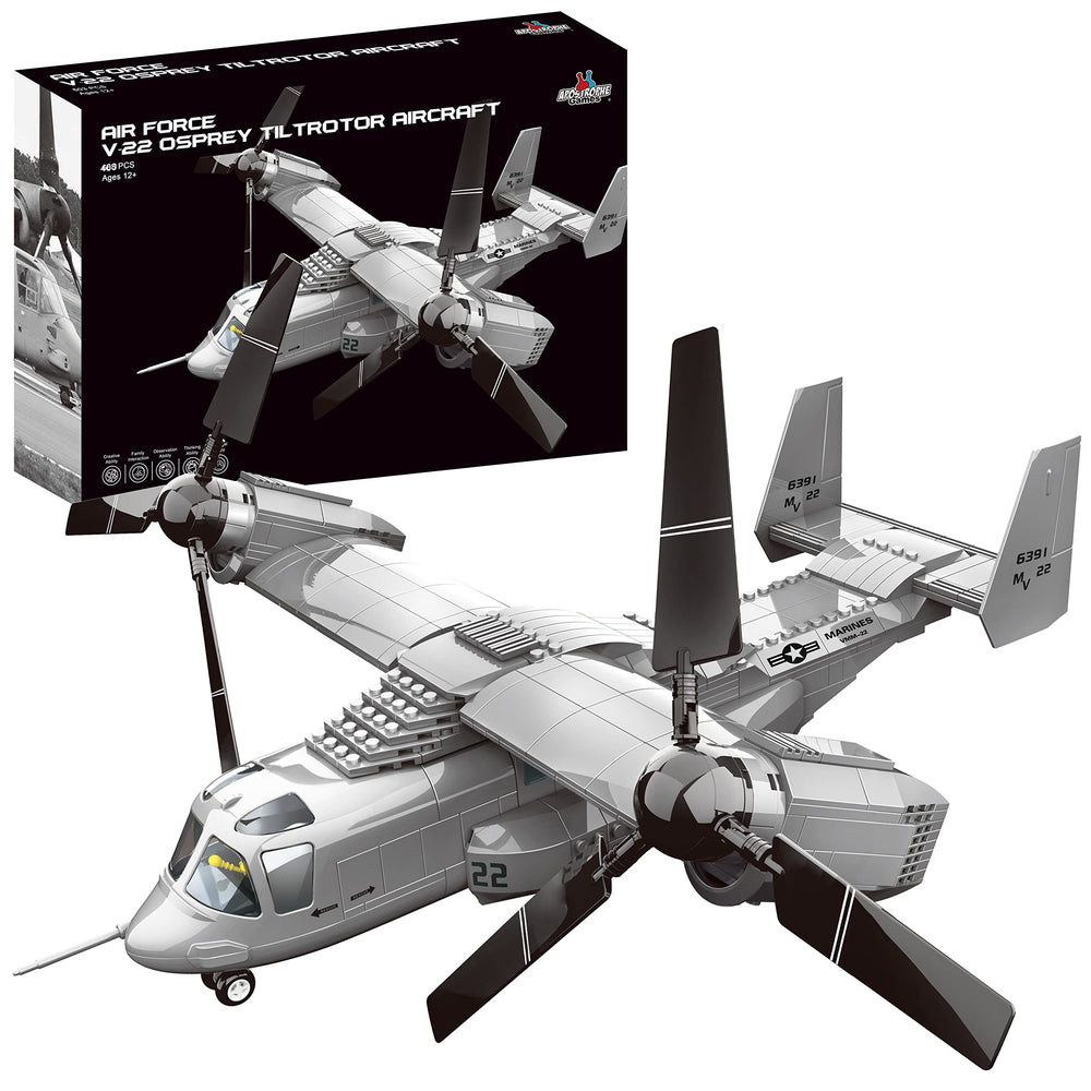 Apostrophe Games V-22 Osprey tiltrotor front view, ideal for imaginative display and building skills.