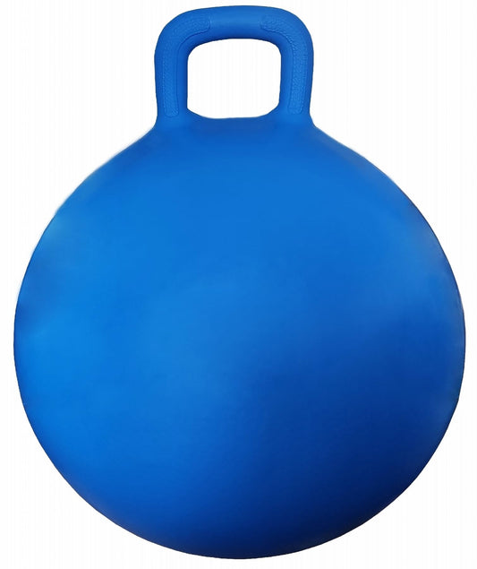 AppleRound Hippity Hoppity Ball blue side view highlights the durable grab-and-grip handle.