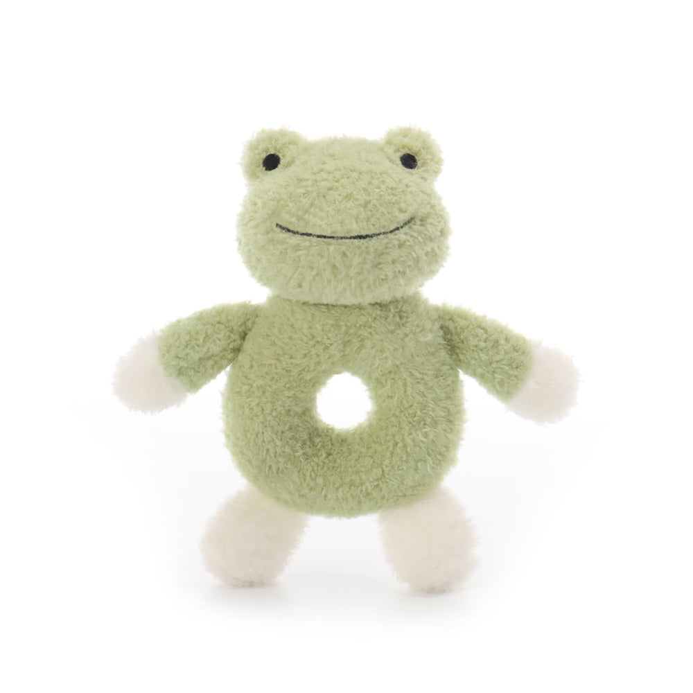 Apricot Lamb baby frog soft rattle close-up, plush texture and gentle rattle for newborns.