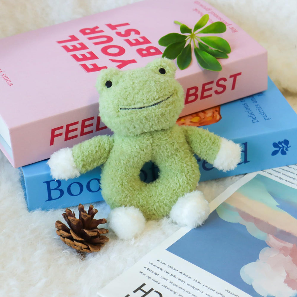 Apricot Lamb frog plush toy; easy grip 6-inch rattle for tiny hands.