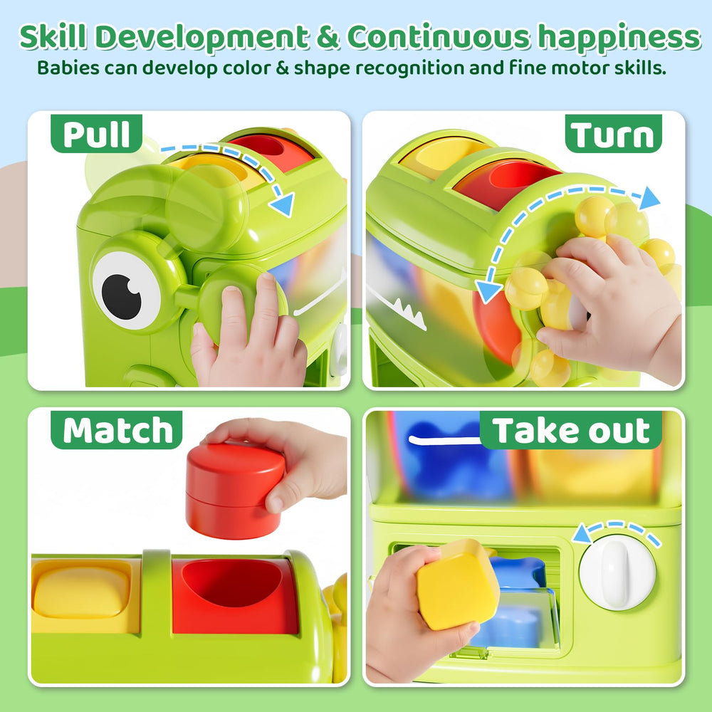 Aprilwolf Shape Sorter steering wheel activates lever drop for interactive motor play.