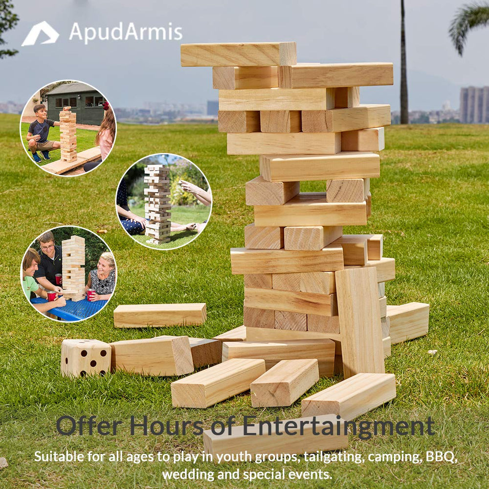 ApudArmis Giant Tumble Tower with dice and scoreboard enables creative rules.