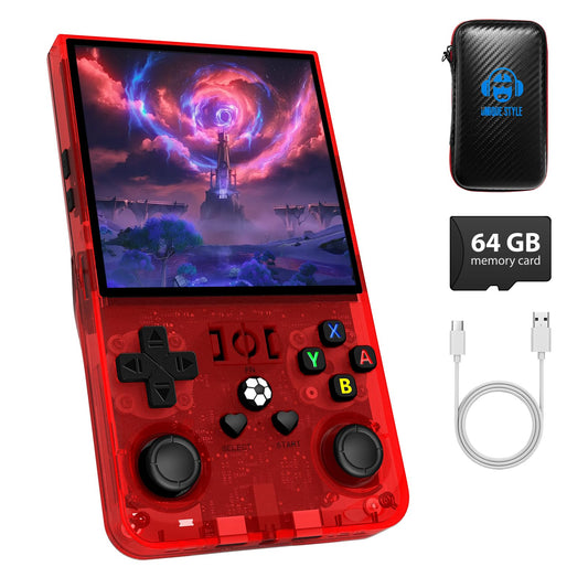 AQHH R36MAX transparent ruby front view shows compact retro handheld for on the go play.
