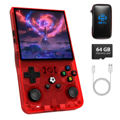 AQHH R36MAX transparent ruby front view shows compact retro handheld for on the go play.