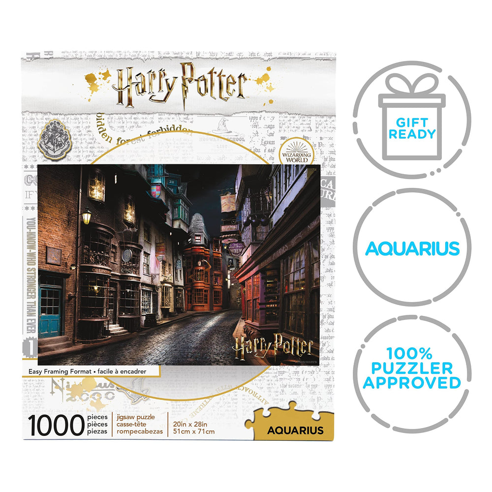 Boxed 20x28 inch AQUARIUS Diagon Alley puzzle ready for display after completion