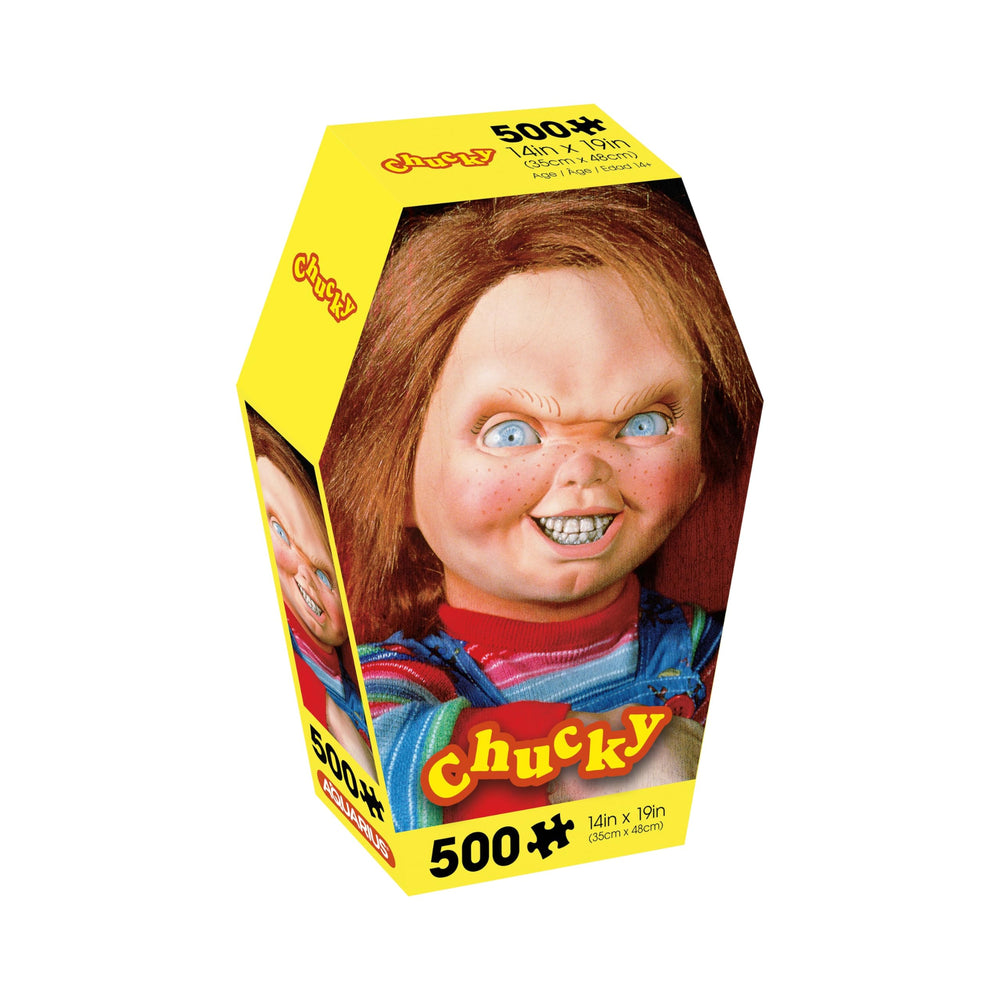 Aquarius Chucky I am Your Friend 500pc puzzle coffin box, a striking collectible for horror fans.