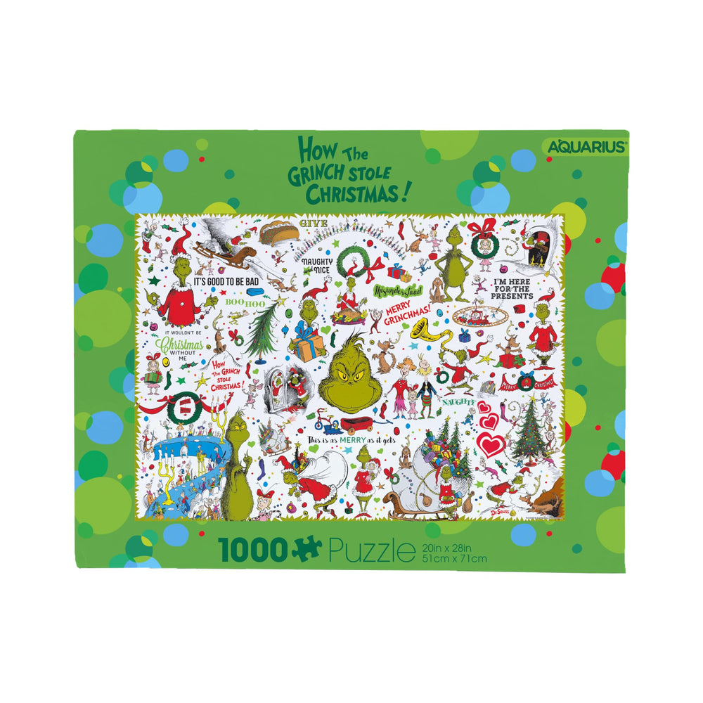 AQUARIUS Grinch collage puzzle box art with vibrant licensed imagery.
