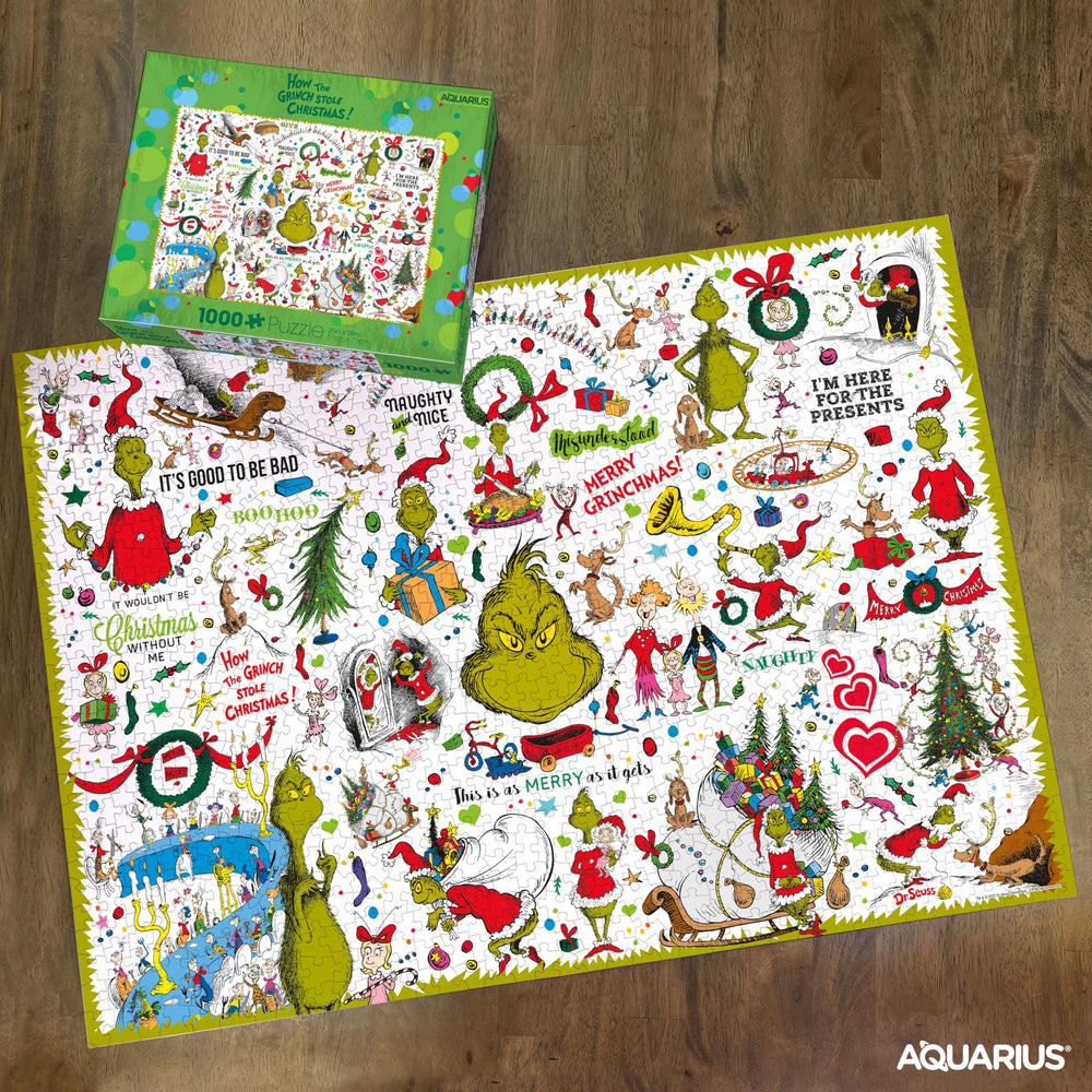 AQUARIUS Grinch collage puzzle glare-free paper enhances visibility while solving.