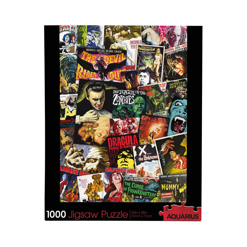 AQUIARIUS Hammer puzzle box art featuring classic horror posters for display and collection