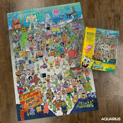 AQUARIUS SpongeBob puzzle box and pieces show glossy packaging and rugged components for durable solving.