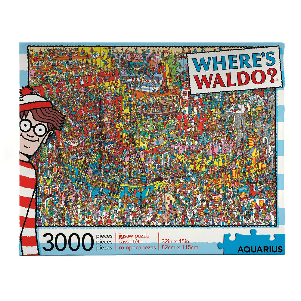 AQUARIUS Where’s Waldo 3000-piece puzzle cover showing vibrant colors for engaging play.