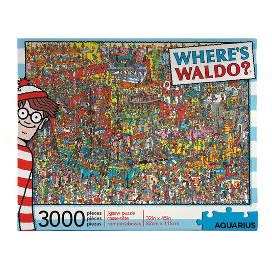 AQUARIUS Where’s Waldo 3000-piece puzzle cover showing vibrant colors for engaging play.