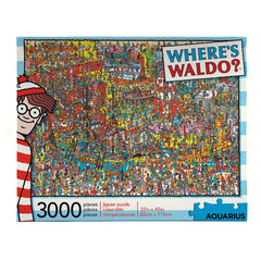 AQUARIUS Where’s Waldo 3000-piece puzzle cover showing vibrant colors for engaging play.