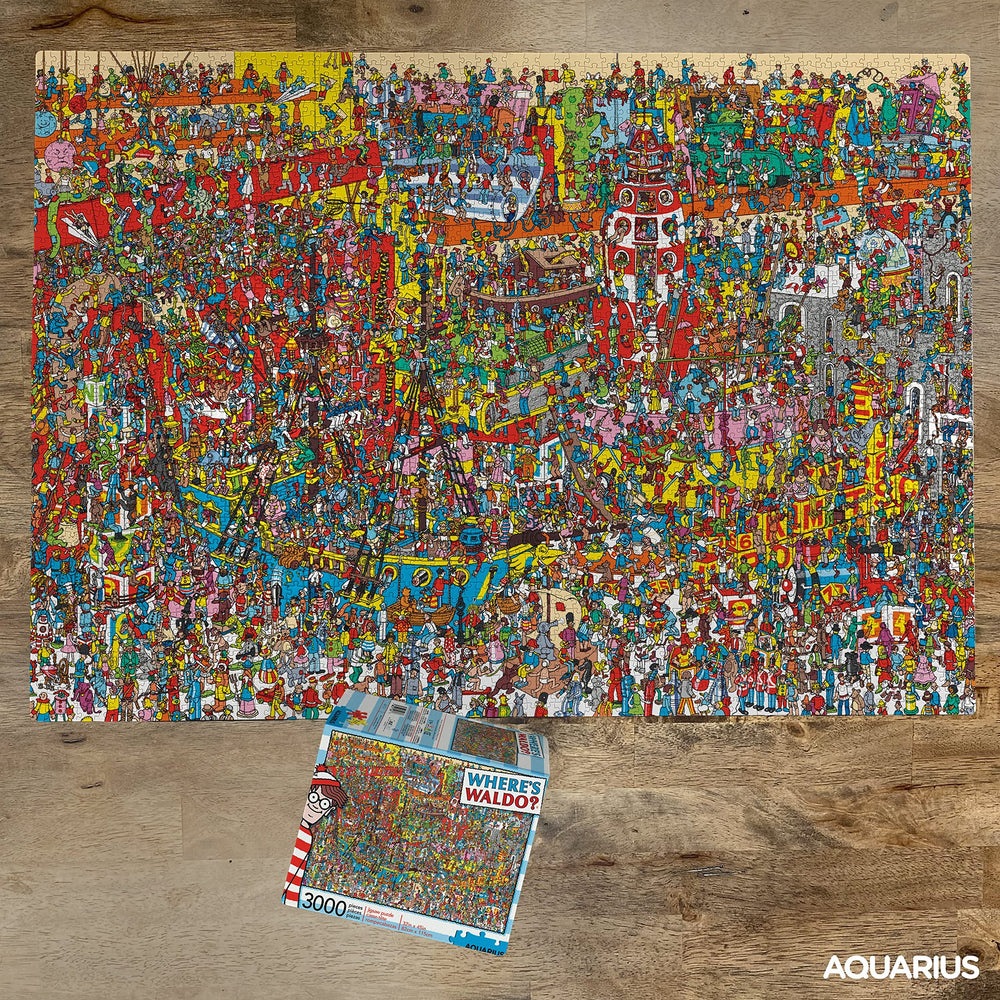 AQUARIUS Where’s Waldo 32x45-inch complete puzzle ready for wall display.