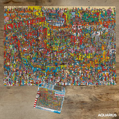 AQUARIUS Where’s Waldo 32x45-inch complete puzzle ready for wall display.