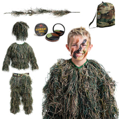 Arcturus Ultra-Lite Kids Ghillie Suit front view in woodland camouflage for stealthy play.