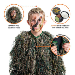 Arcturus Ultra-Lite Kids Ghillie Suit jacket detail shows breathable mesh fabric and easy front closure.