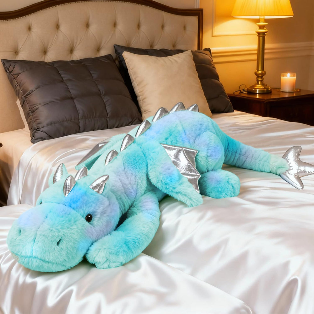 ARELUX Giant winged dragon plush closeup highlights vibrant embroidery and soft texture.
