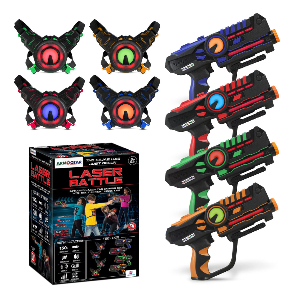 ArmoGear laser tag guns in a four-player backyard setup.
