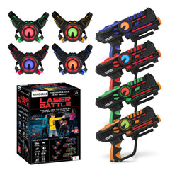 ArmoGear laser tag guns in a four-player backyard setup.