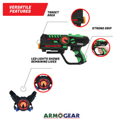 ArmoGear laser tag with voice-guided setup for easy play.