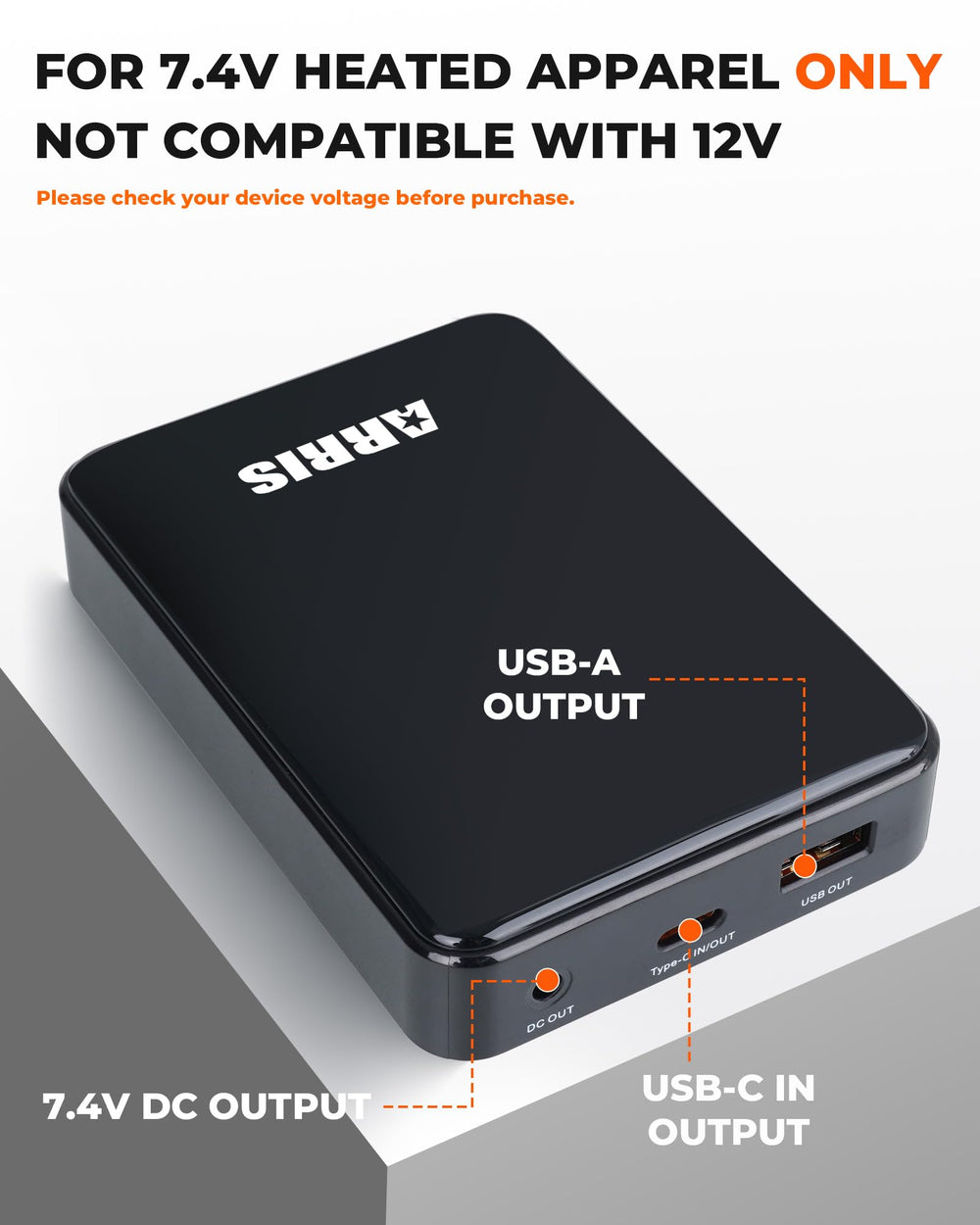 ARRIS 7.4V 7500mAh battery side profile delivering stable power for heated gear