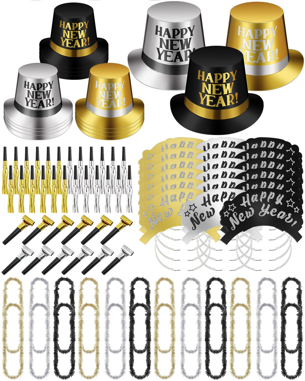 Arrowbash new year's hats in gold, silver, and black for festive photos.