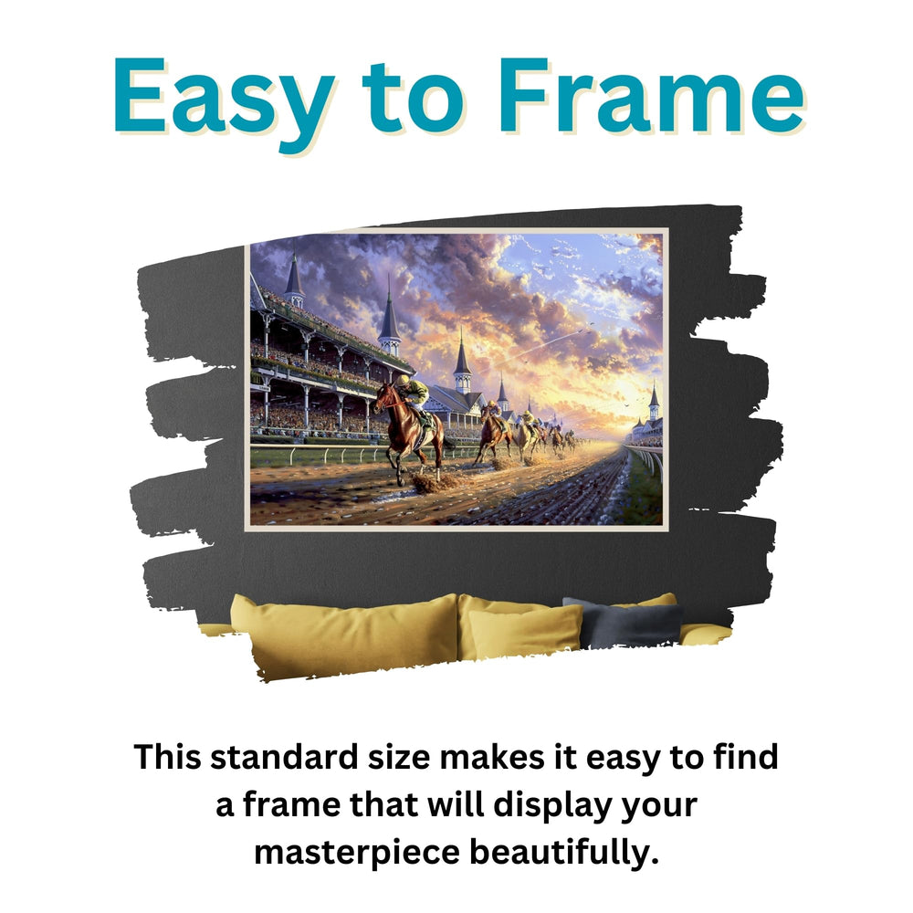 Art of Socks horse racing puzzle frame-ready presentation enhances display in any room.